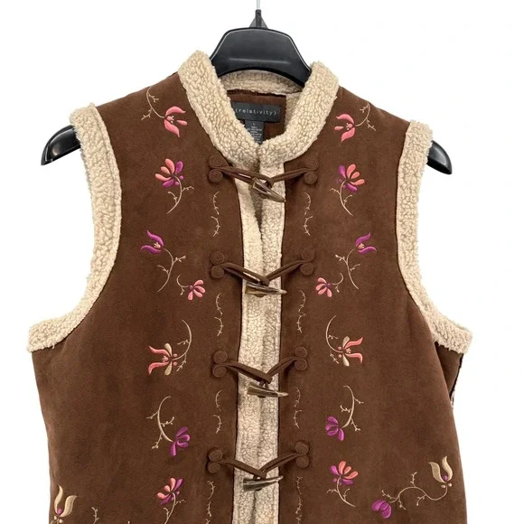 Relativity Womens Large Pre-Owned Faux Suede Brown Embroidered Sherpa Lined Vest - Picture 3 of 17